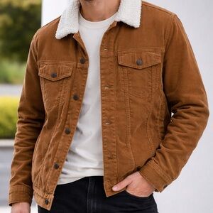 H&M Men's Classic Brown Corduroy Sherpa-Lined Trucker Jacket Large